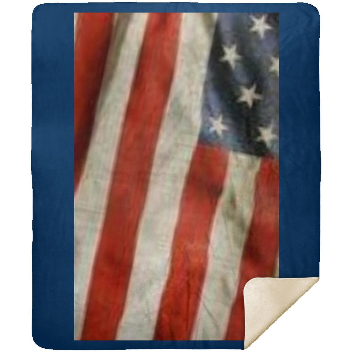 Premium Mink Sherpa Blanket 50x60 -- American Flag -- Distressed and Waving