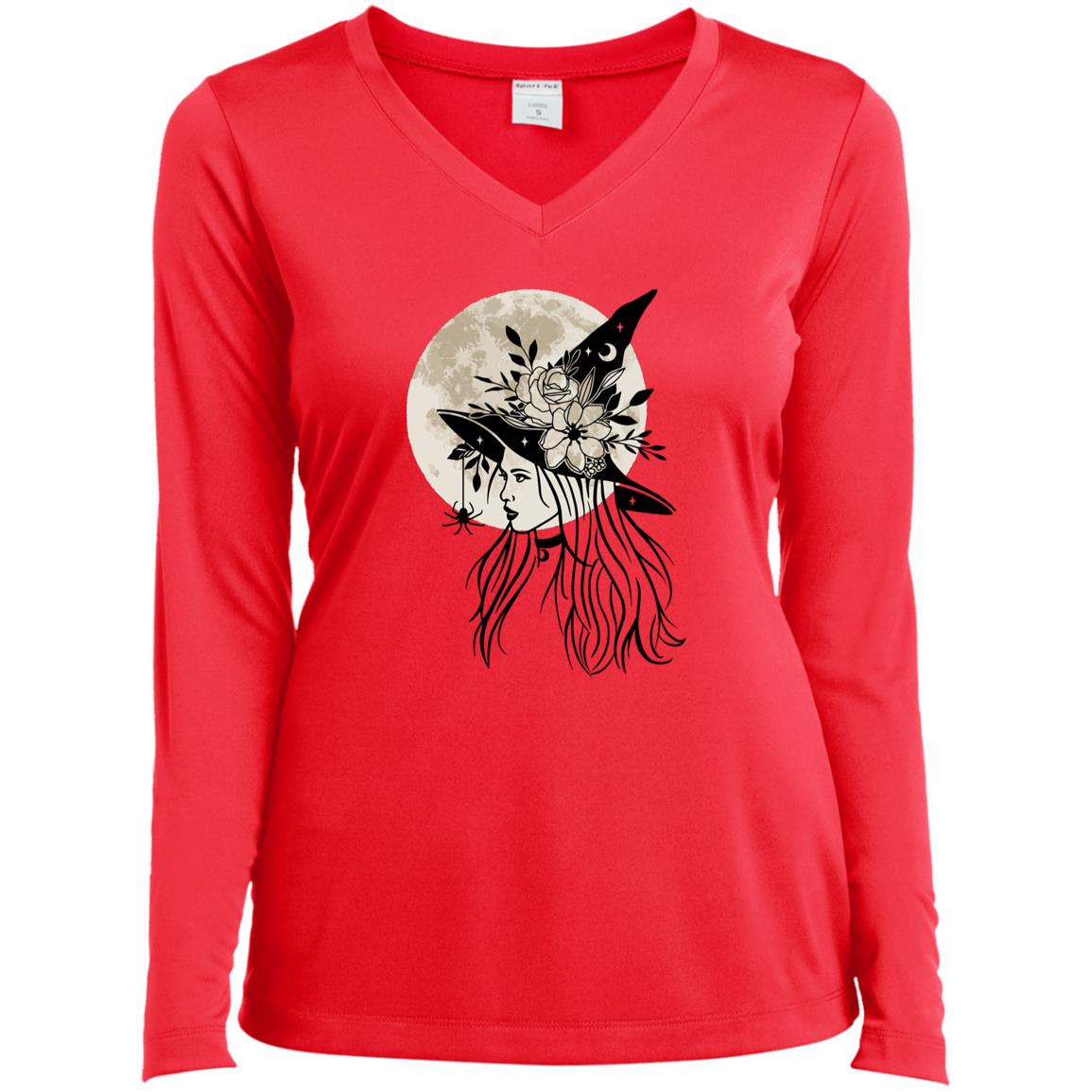 Witchy Moon CLOSEOUT -- Ladies’ Long Sleeve Performance V-Neck Tee