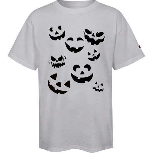 Scattered Jack O Lantern Faces (1) -- Champion Kids Short Sleeve Tee