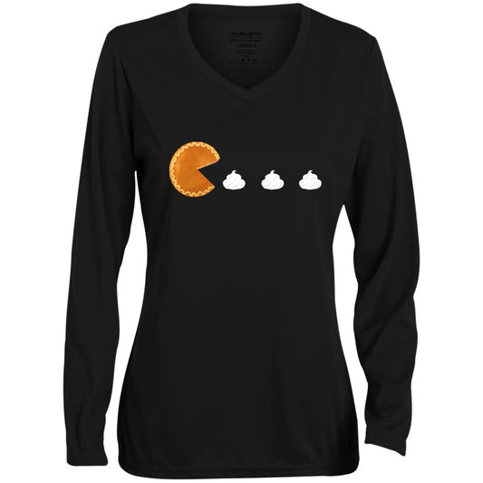 Pumpkin Pac Man -- CLOSEOUT -- Ladies' Moisture-Wicking Long Sleeve V-Neck Tee