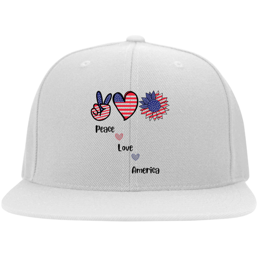 Embroidered Flat Bill Twill Flexfit Cap -- Peace Love America