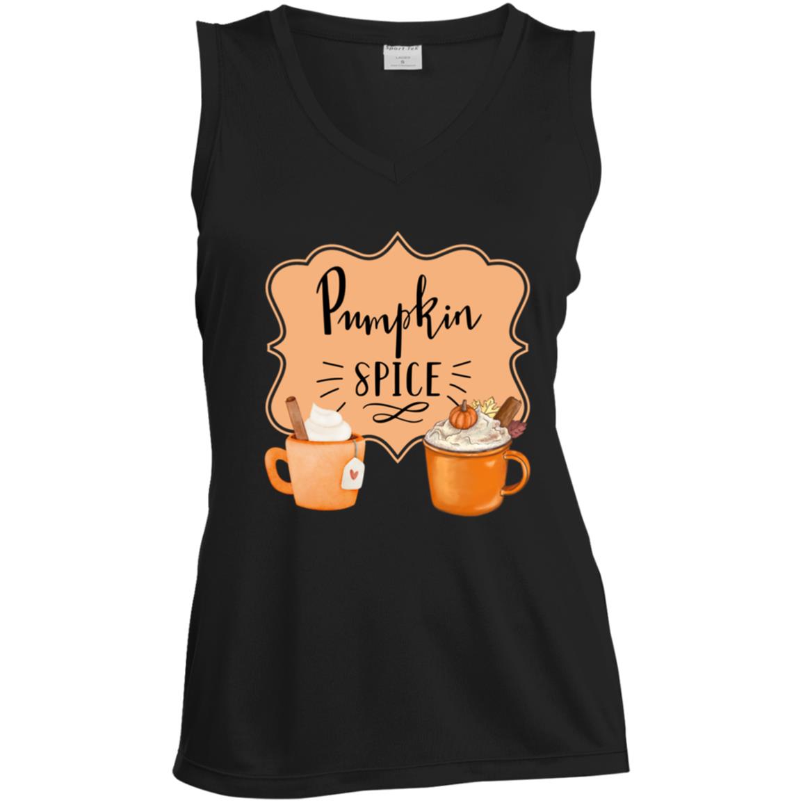 Pumpkin Spice Latte Orangetan Black CLOSEOUT --  Ladies' Sleeveless V-Neck Performance Tee