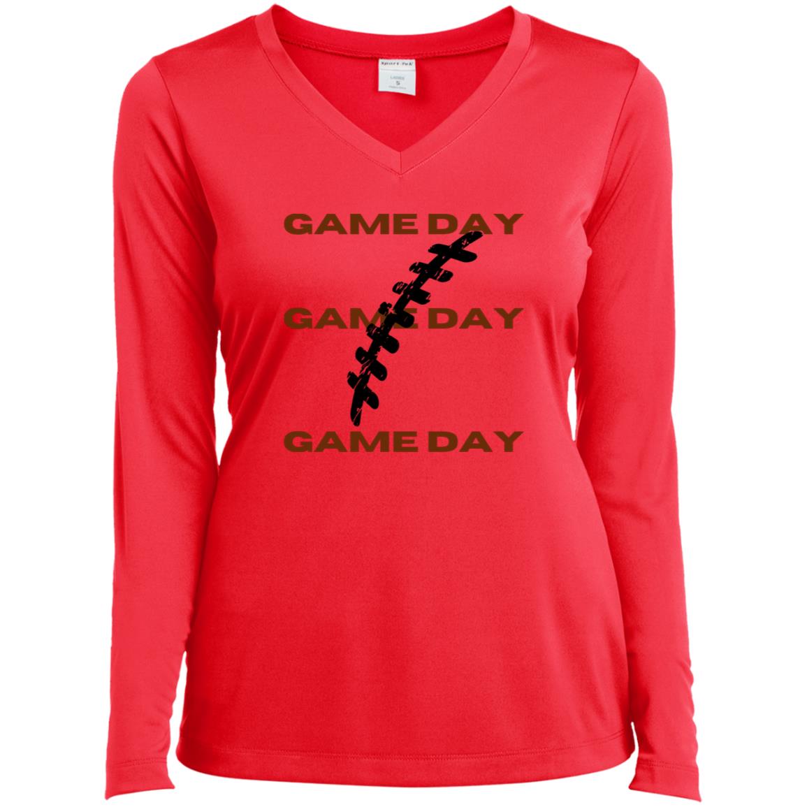 Game Day CLOSEOUT -- Ladies’ Long Sleeve Performance V-Neck Tee