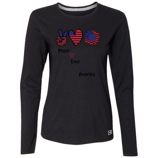 Ladies’ Essential Dri-Power Long Sleeve Tee -- Peace Love America