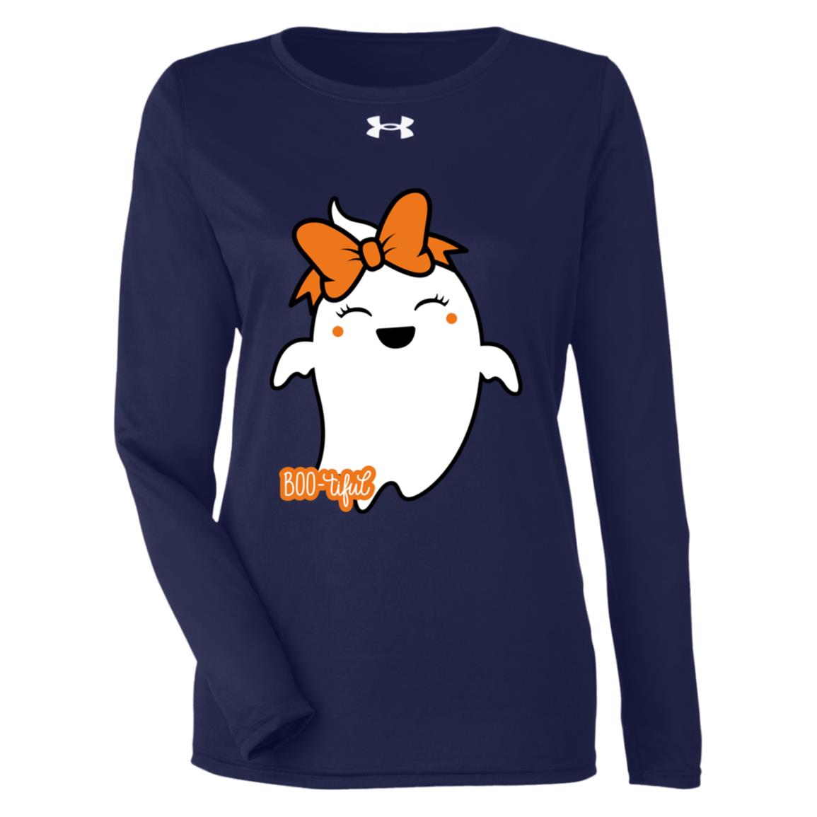 Boo-tiful Ghost with Bow -- Under Armour Women's Team Tech Long Sleeve Tee