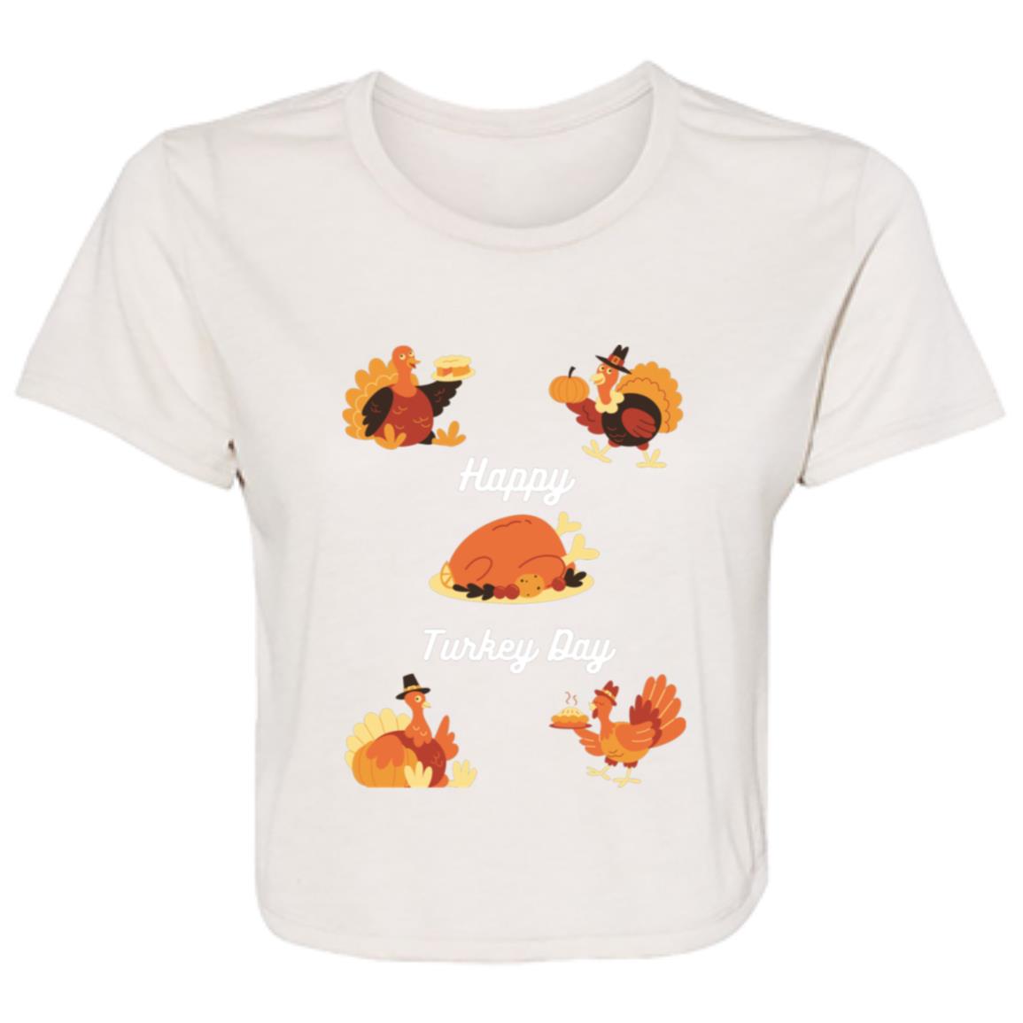 Happy Turkey Day white letters B8882 Ladies' Flowy Cropped Tee