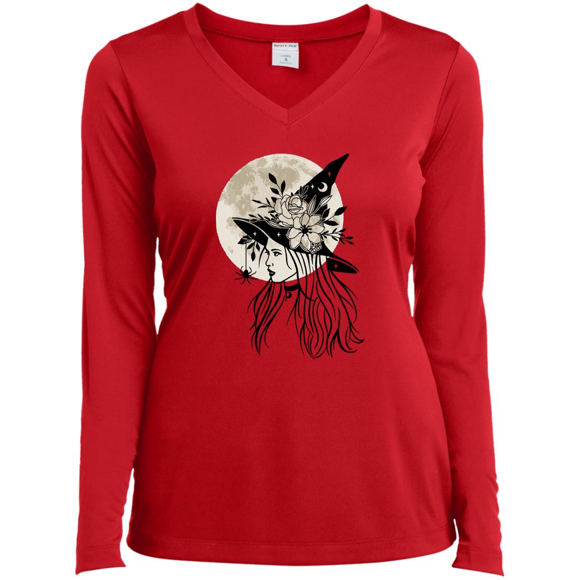 Witchy Moon CLOSEOUT -- Ladies’ Long Sleeve Performance V-Neck Tee