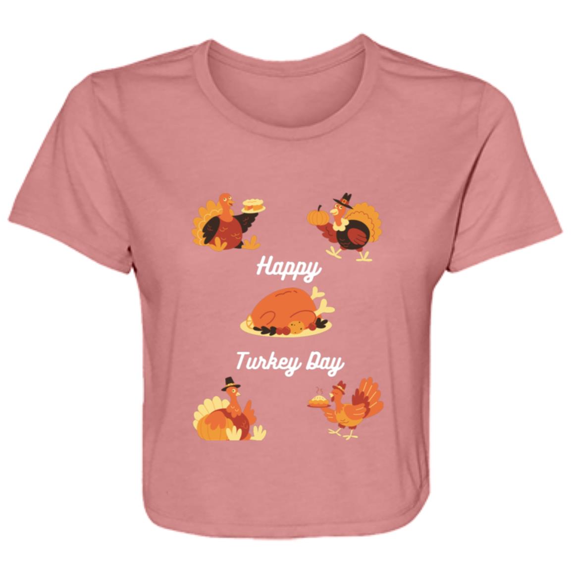 Happy Turkey Day white letters B8882 Ladies' Flowy Cropped Tee