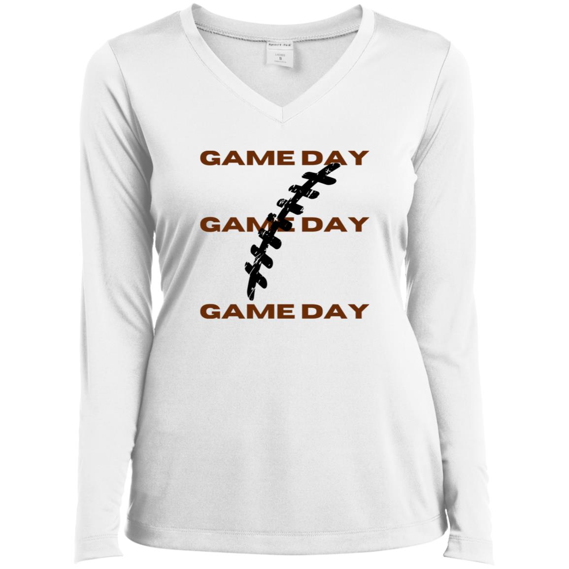 Game Day CLOSEOUT -- Ladies’ Long Sleeve Performance V-Neck Tee