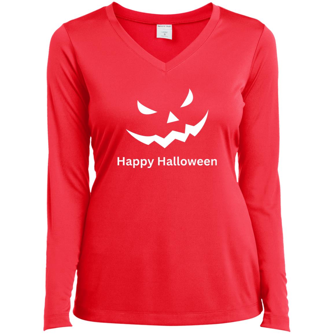 Scary Black Jack o' Lantern CLOSEOUT -- Ladies’ Long Sleeve Performance V-Neck Tee