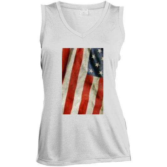 American Flag -- Distressed & Waving -- CLOSEOUT -- Ladies' Sleeveless V-Neck Performance Tee