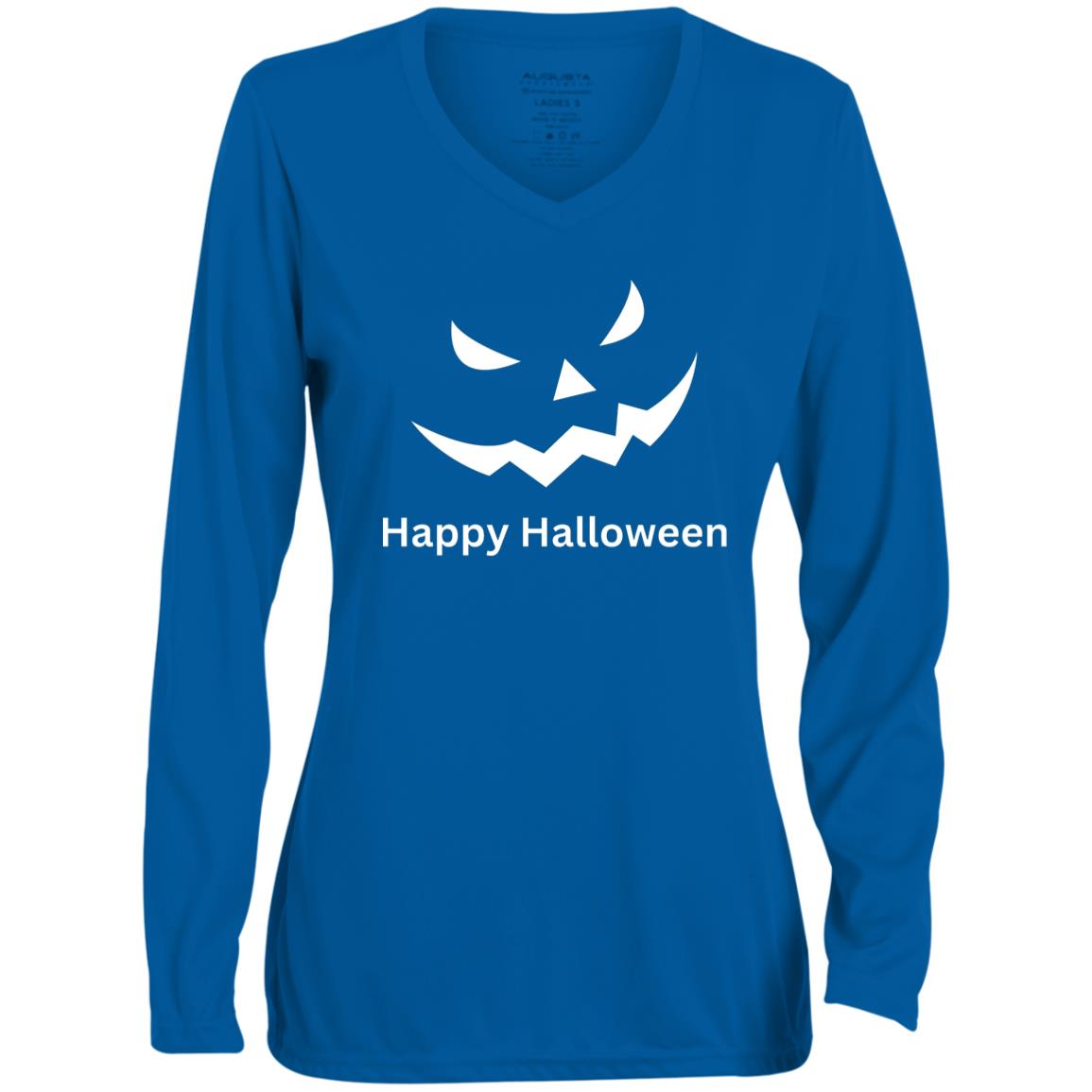 Scary Black Jack o' Lantern CLOSEOUT -- Ladies' Moisture-Wicking Long Sleeve V-Neck Tee