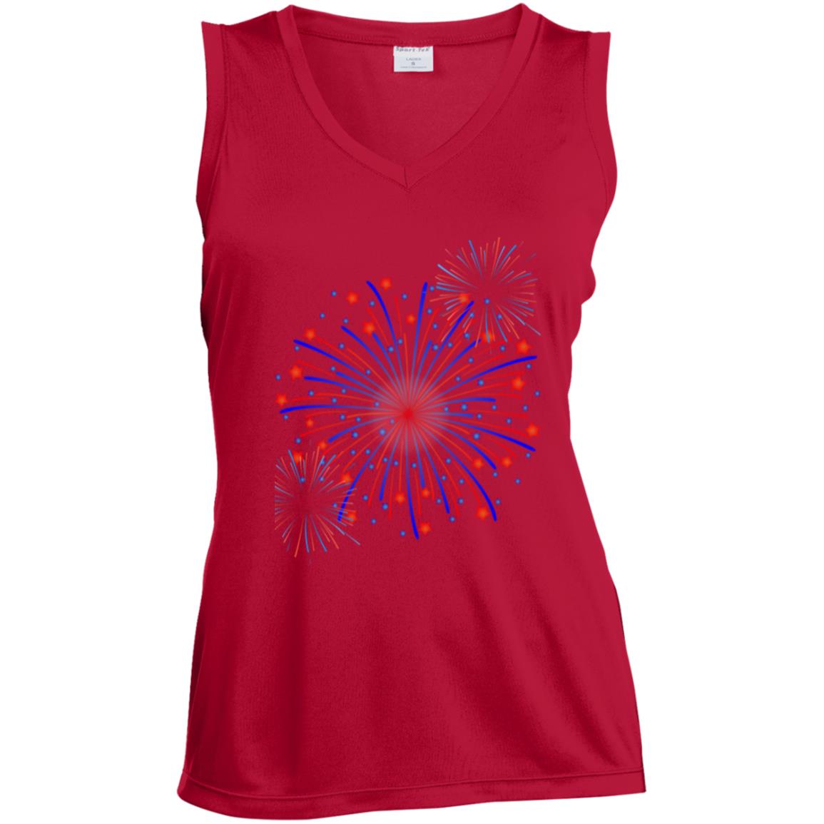 4th of July Fireworks (1) CLOSEOUT - Ladies' Sleeveless V-Neck Performance Tee