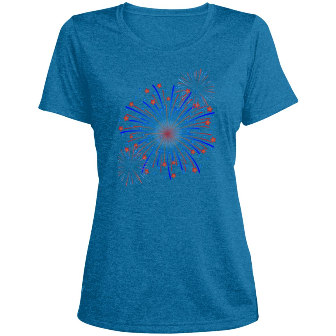 4th of July Fireworks (1) CLOSEOUT -- Ladies' Heather Scoop Neck Performance Tee