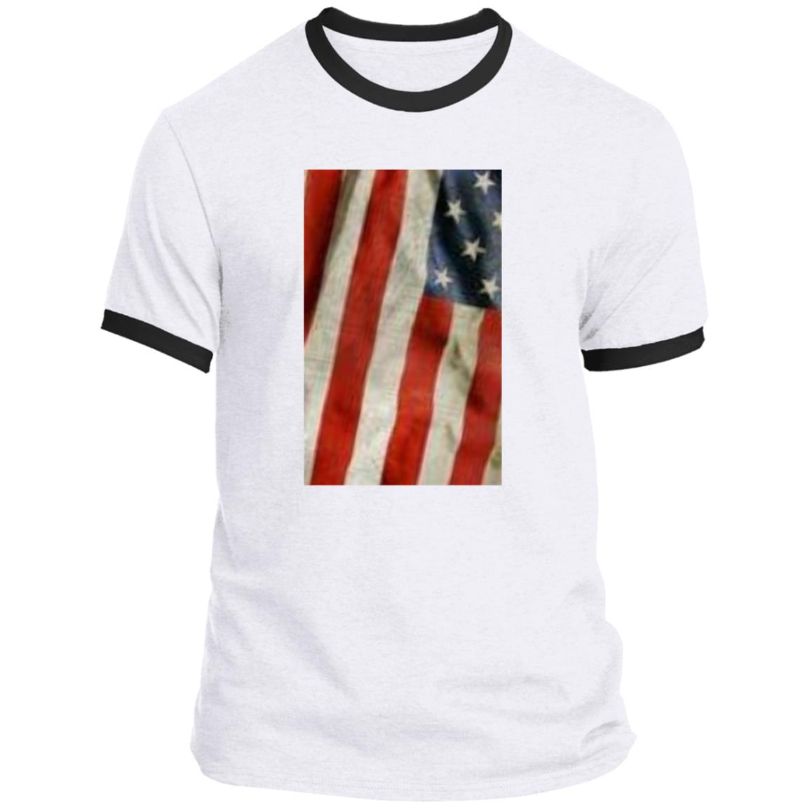 American Flag -- Distressed & Waving -- CLOSEOUT -- Ringer Tee