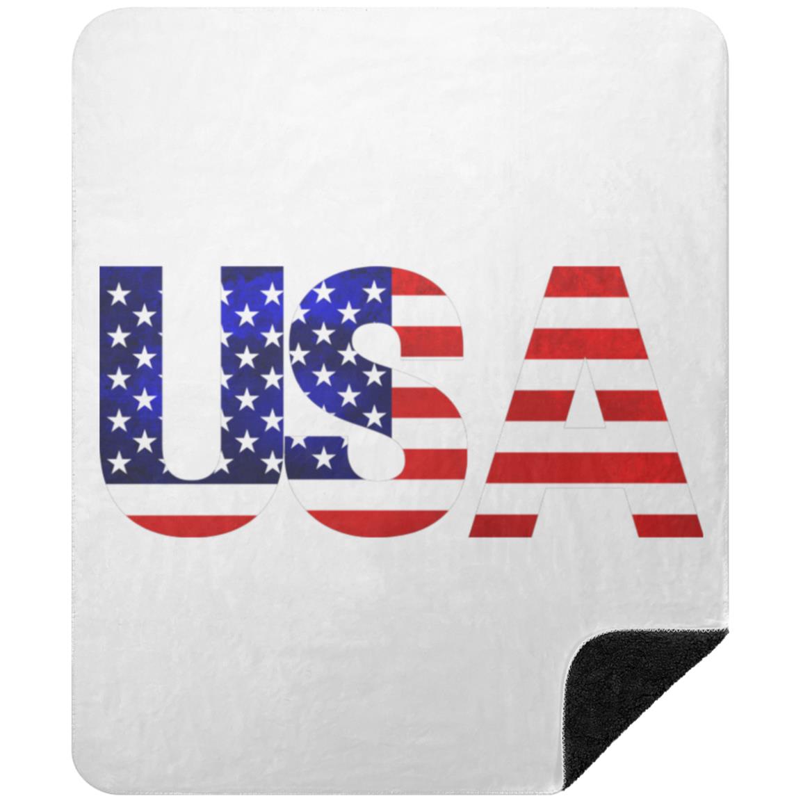 USA American Flag T-shirt BSHM Premium Black Sherpa Blanket 50x60