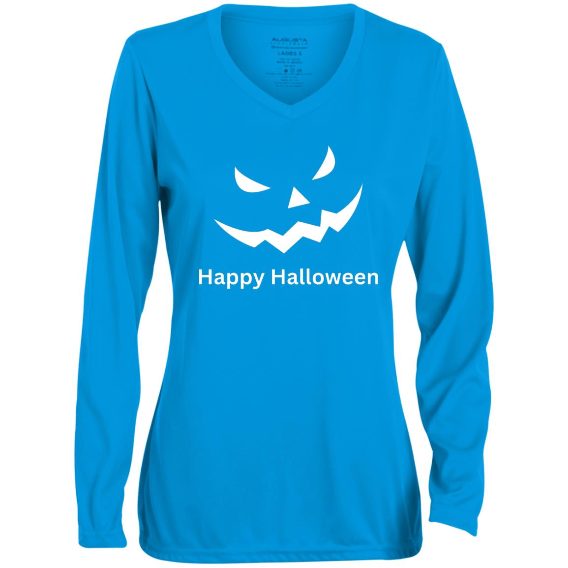 Scary Black Jack o' Lantern CLOSEOUT -- Ladies' Moisture-Wicking Long Sleeve V-Neck Tee