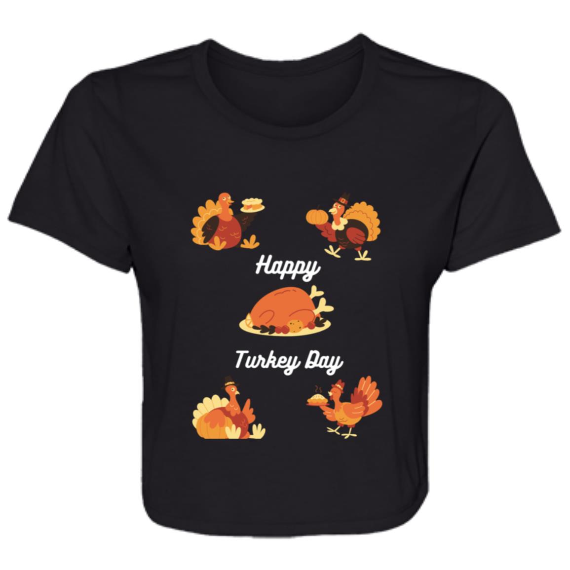 Happy Turkey Day white letters B8882 Ladies' Flowy Cropped Tee