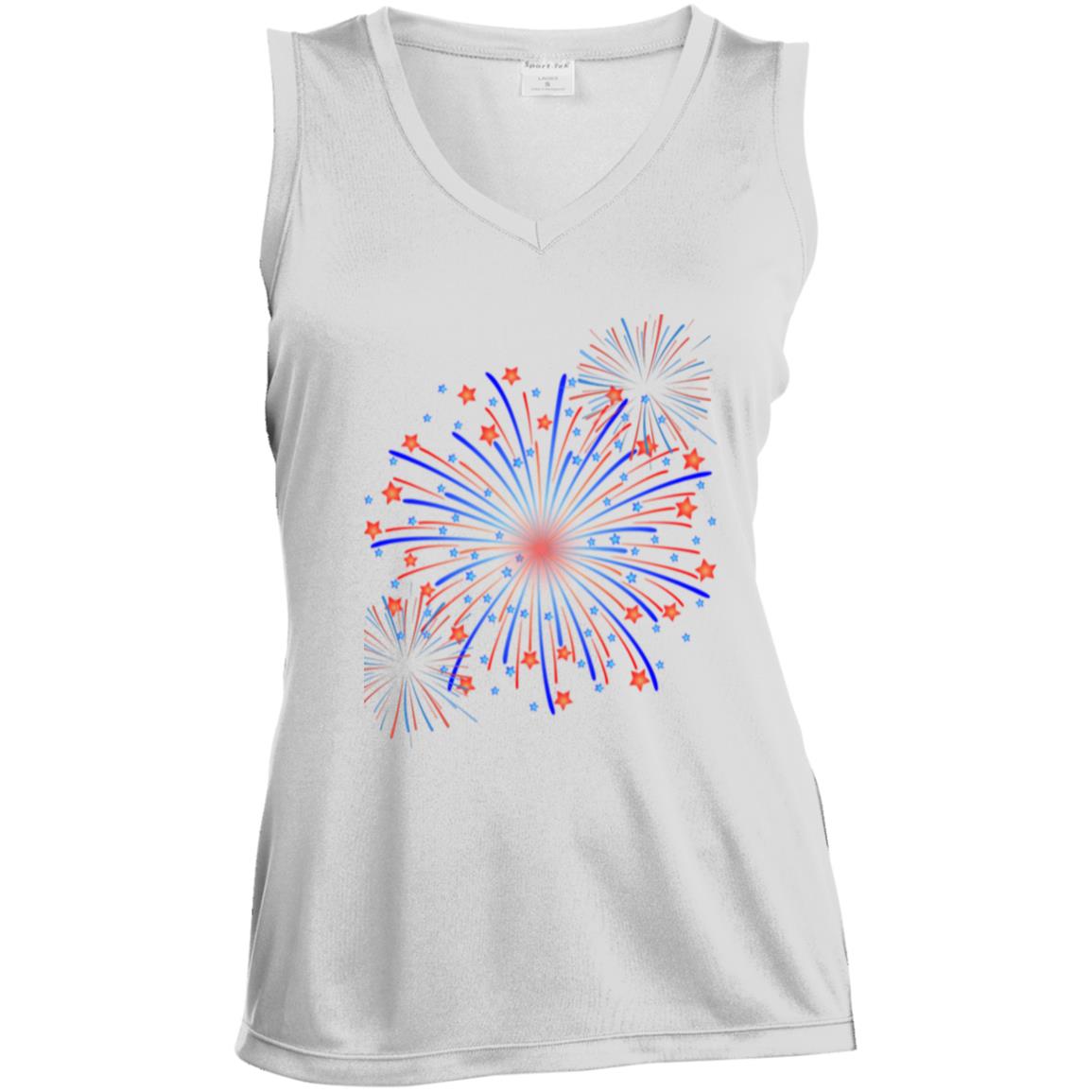 4th of July Fireworks (1) CLOSEOUT - Ladies' Sleeveless V-Neck Performance Tee