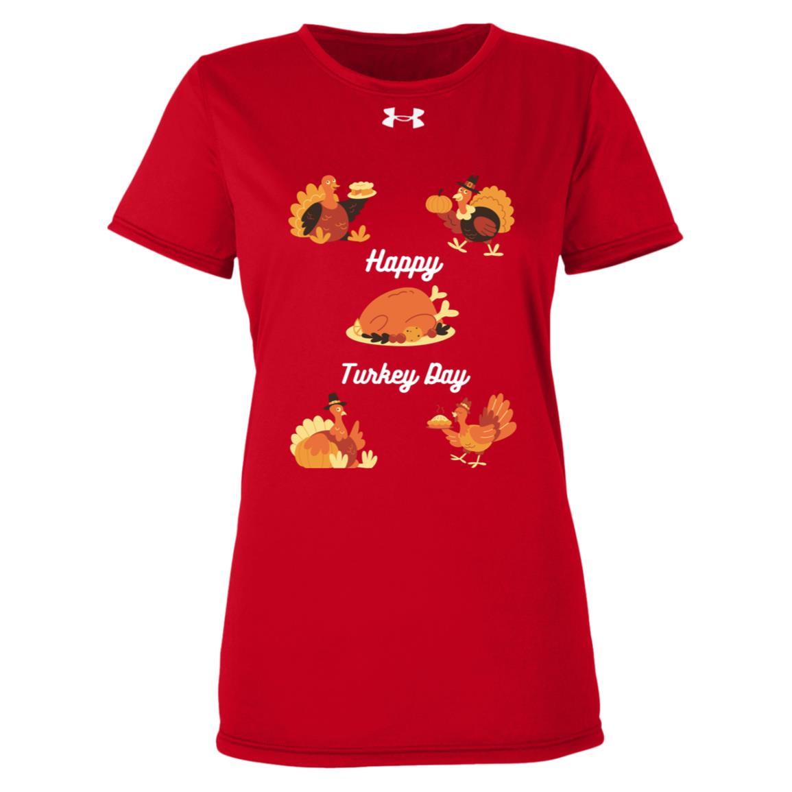 Happy Turkey Day white letters 1376847 Under Armour Womens Team Tech Tee