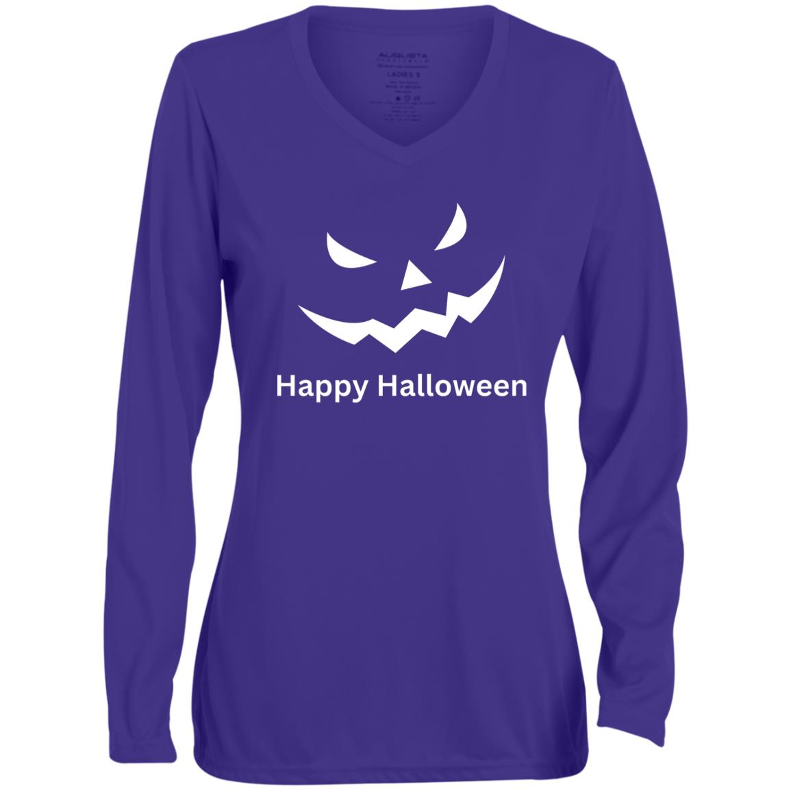 Scary Black Jack o' Lantern CLOSEOUT -- Ladies' Moisture-Wicking Long Sleeve V-Neck Tee