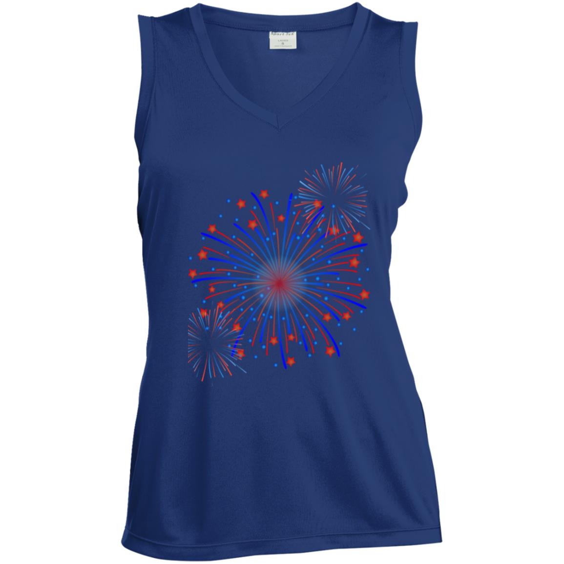 4th of July Fireworks (1) CLOSEOUT - Ladies' Sleeveless V-Neck Performance Tee