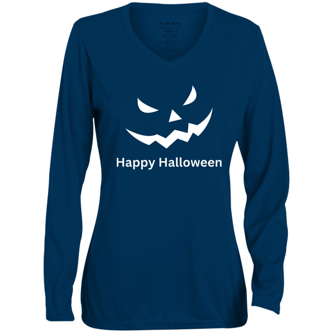 Scary Black Jack o' Lantern CLOSEOUT -- Ladies' Moisture-Wicking Long Sleeve V-Neck Tee