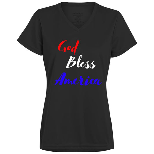 God bless America red white blue 1790 Ladies’ Moisture-Wicking V-Neck Tee