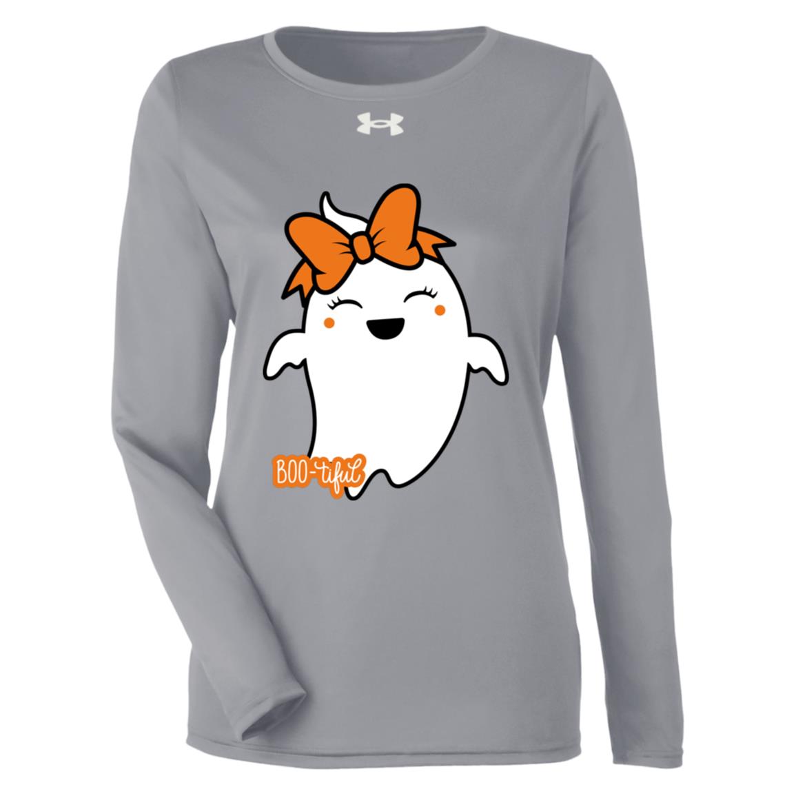 Boo-tiful Ghost with Bow -- Under Armour Women's Team Tech Long Sleeve Tee