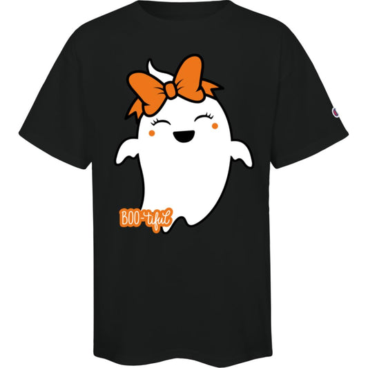 Boo-tiful Ghost with Bow -- Champion Kids Short Sleeve Tee