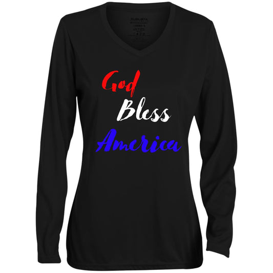 God bless America red white blue 1788 Ladies' Moisture-Wicking Long Sleeve V-Neck Tee