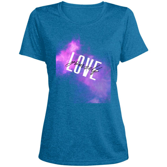 White Love yourself LST360 Ladies' Heather Scoop Neck Performance Tee