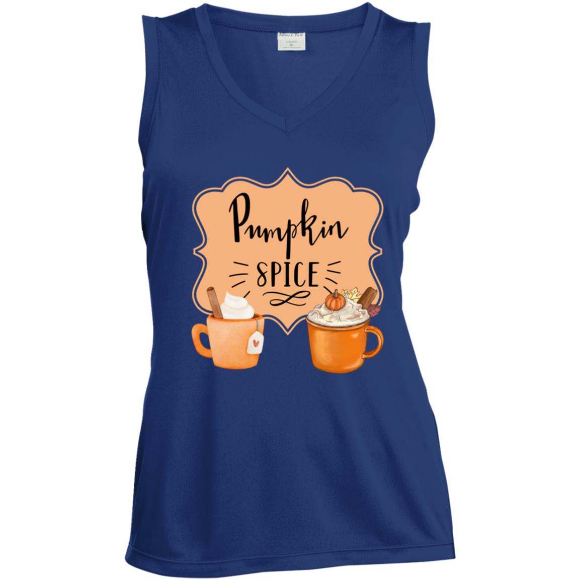 Pumpkin Spice Latte Orangetan Black CLOSEOUT --  Ladies' Sleeveless V-Neck Performance Tee