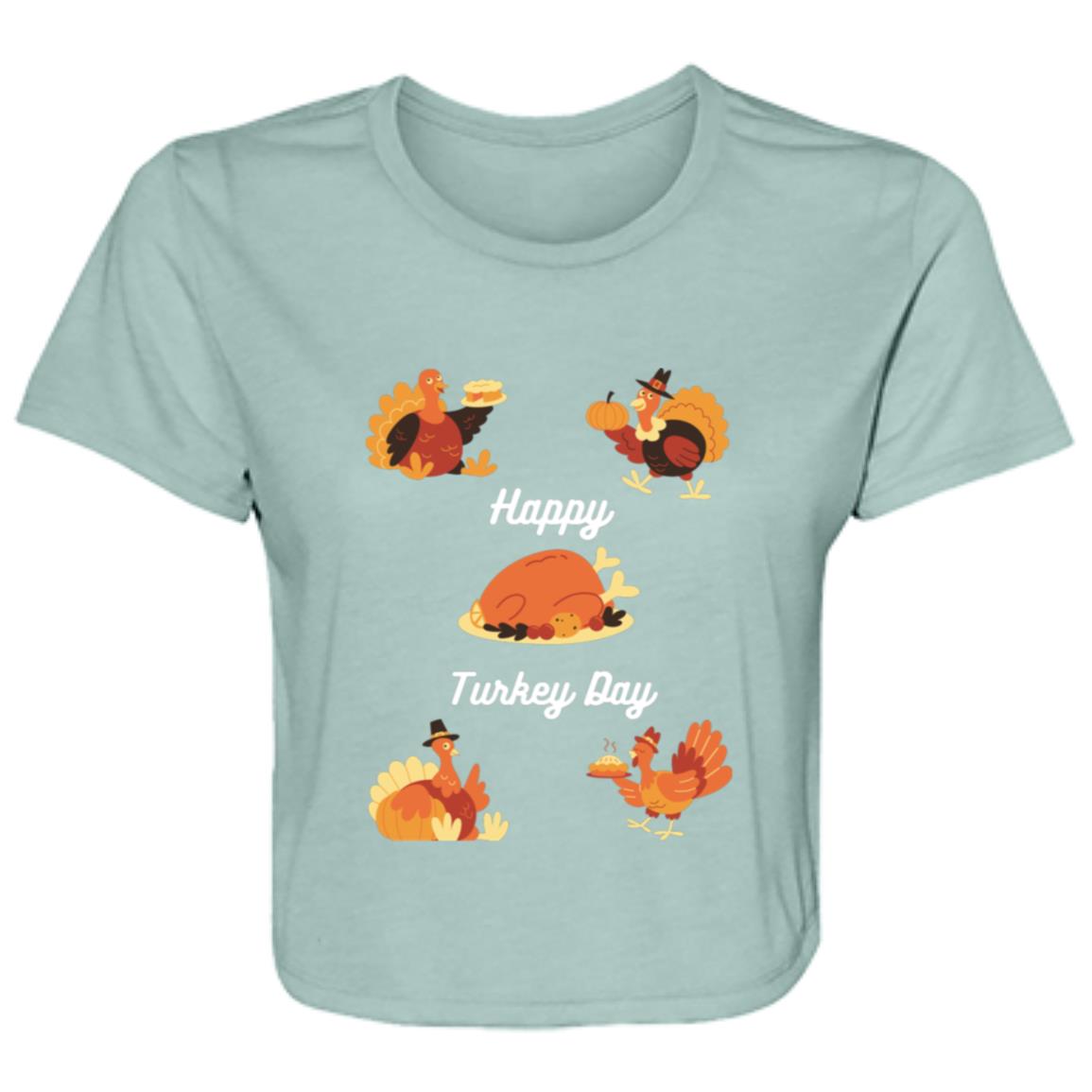 Happy Turkey Day white letters B8882 Ladies' Flowy Cropped Tee