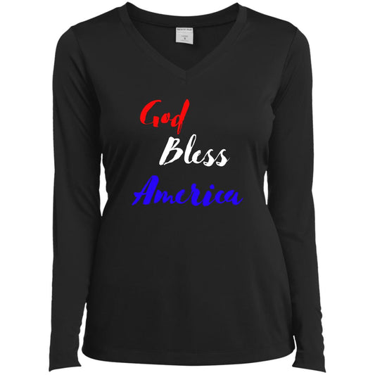 God bless America red white blue LST353LS Ladies’ Long Sleeve Performance V-Neck Tee