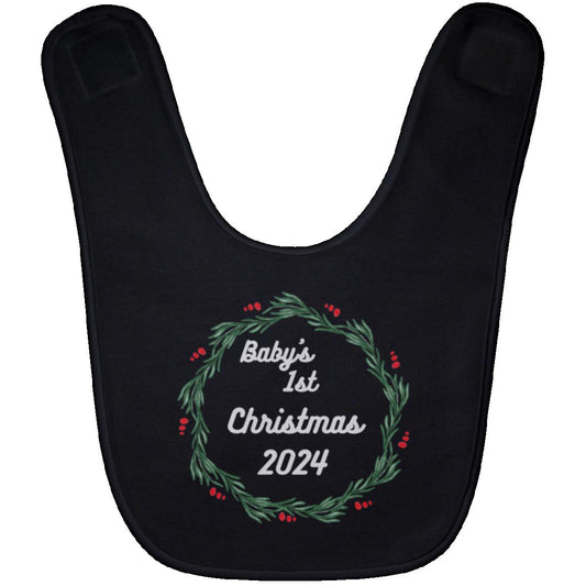 Baby’s 1st Christmas wreath 2024 ornament white lettering -- Baby Bib