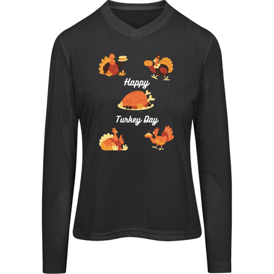 Happy Turkey Day white letters TT11WL Team 365 Womens Zone Long Sleeve Tee