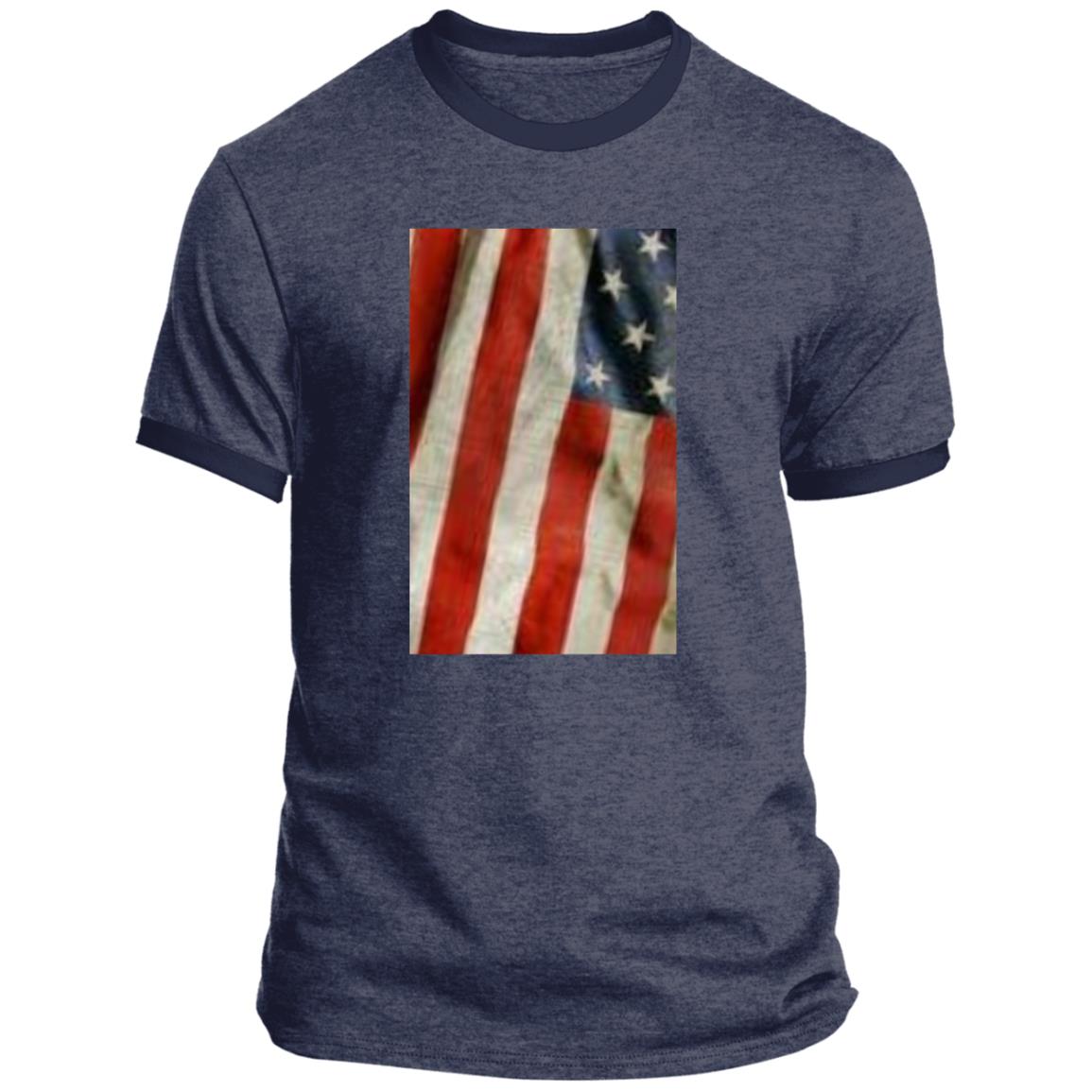 American Flag -- Distressed & Waving -- CLOSEOUT -- Ringer Tee