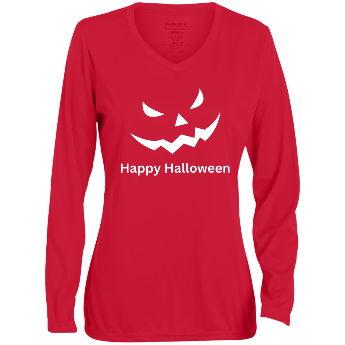 Scary Black Jack o' Lantern CLOSEOUT -- Ladies' Moisture-Wicking Long Sleeve V-Neck Tee