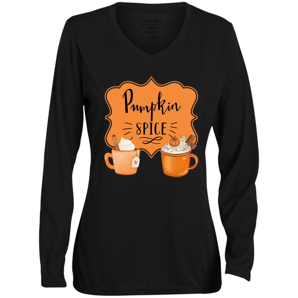 Pumpkin Spice Latte Orange Black -- CLOSEOUT -- Ladies' Moisture-Wicking Long Sleeve V-Neck Tee