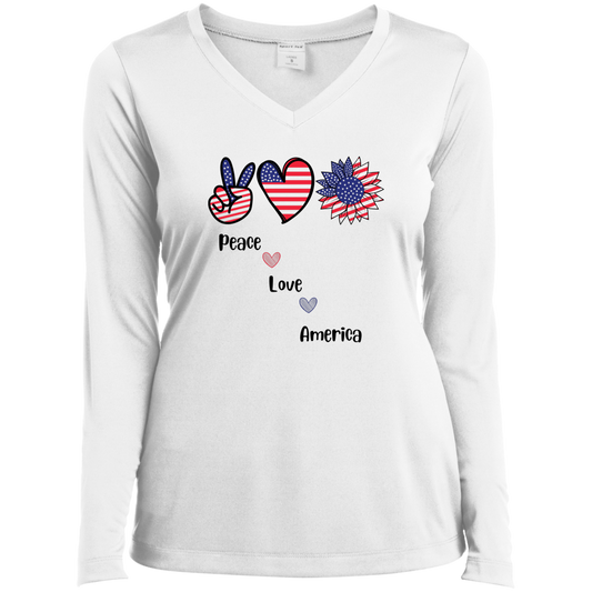 Ladies’ Long Sleeve Performance V-Neck Tee -- Peace Love America