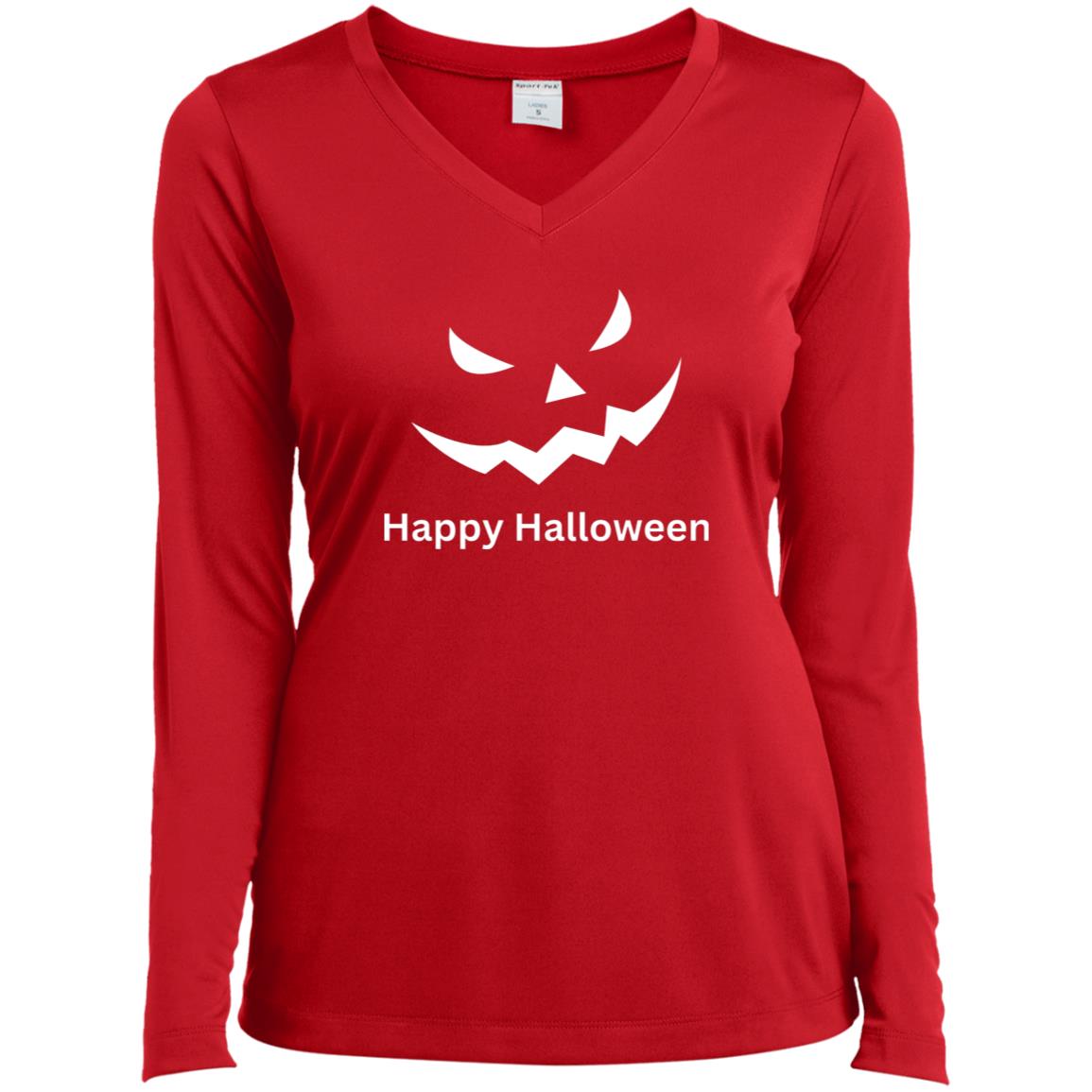 Scary Black Jack o' Lantern CLOSEOUT -- Ladies’ Long Sleeve Performance V-Neck Tee