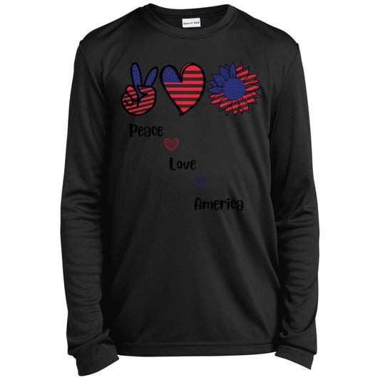 Peace, Love, America -- CLOSEOUT -- Youth Long Sleeve Performance Tee