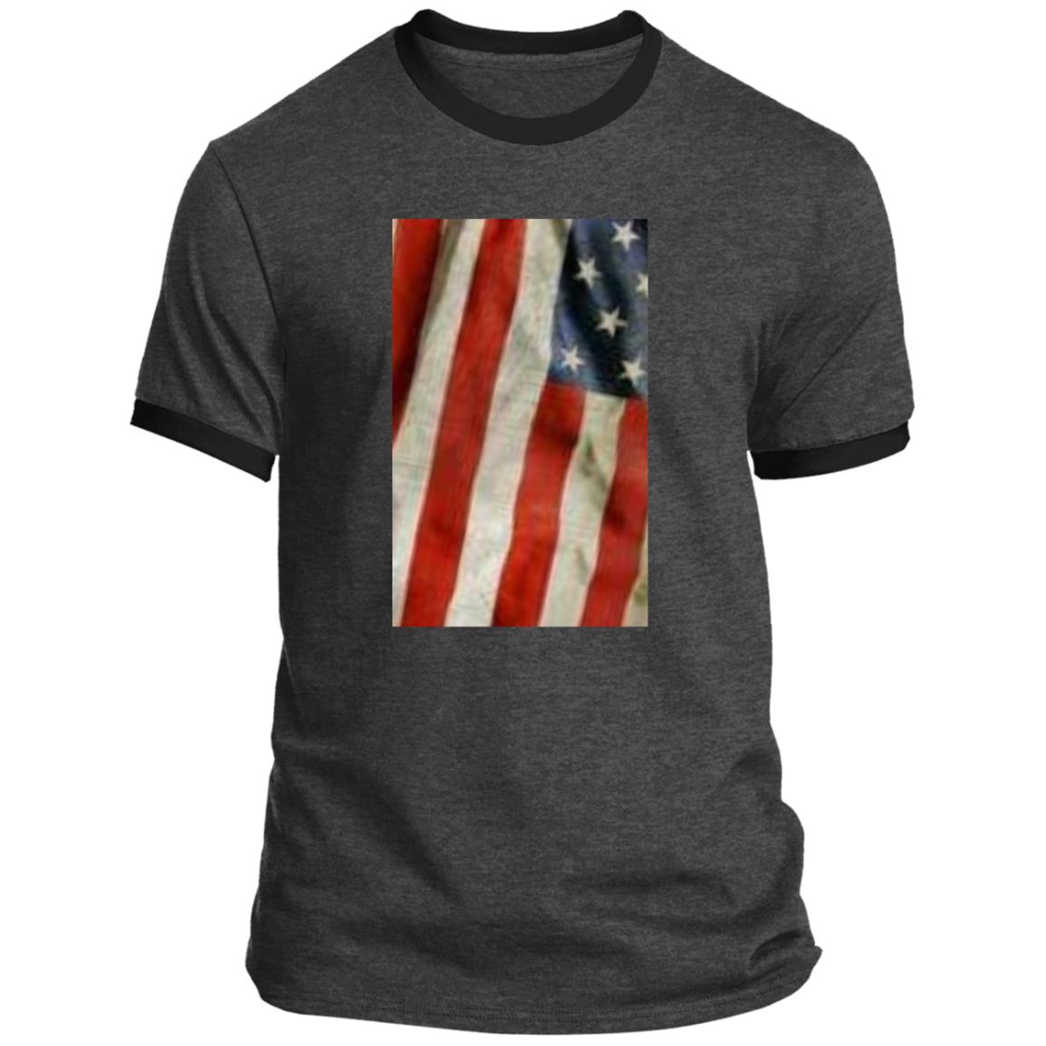 American Flag -- Distressed & Waving -- CLOSEOUT -- Ringer Tee