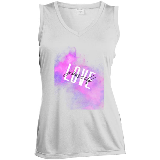 White Love yourself LST352 Ladies' Sleeveless V-Neck Performance Tee