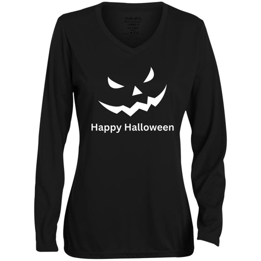 Scary Black Jack o' Lantern CLOSEOUT -- Ladies' Moisture-Wicking Long Sleeve V-Neck Tee