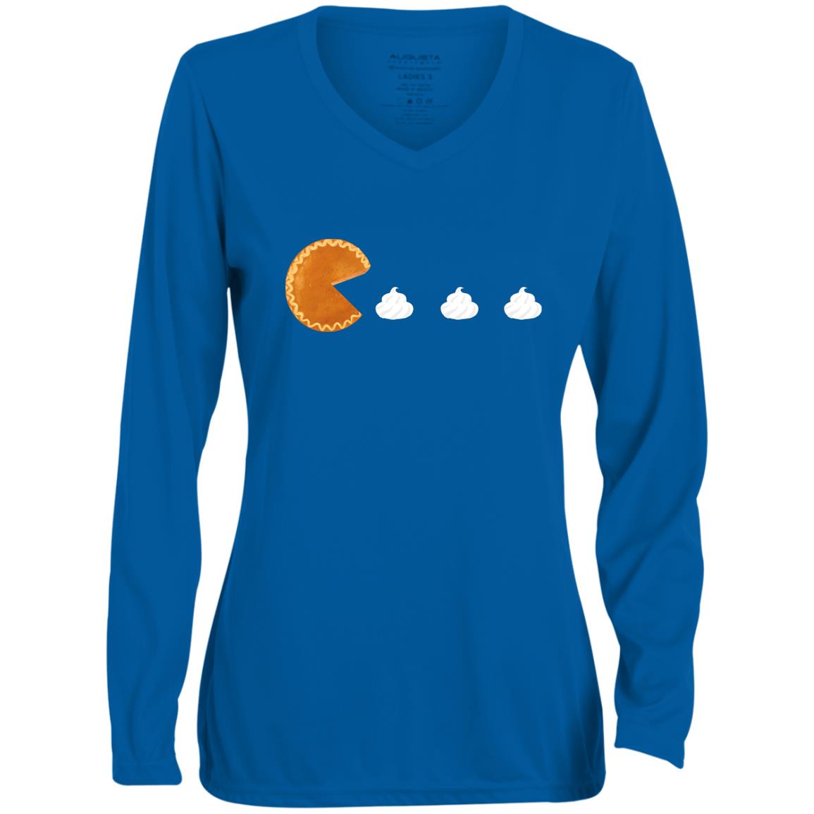 Pumpkin Pac Man -- CLOSEOUT -- Ladies' Moisture-Wicking Long Sleeve V-Neck Tee