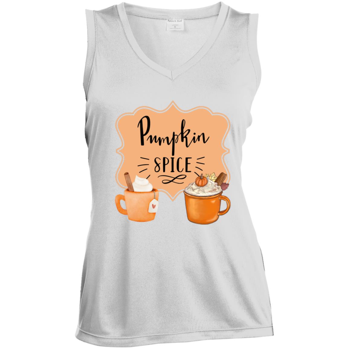 Pumpkin Spice Latte Orangetan Black CLOSEOUT --  Ladies' Sleeveless V-Neck Performance Tee