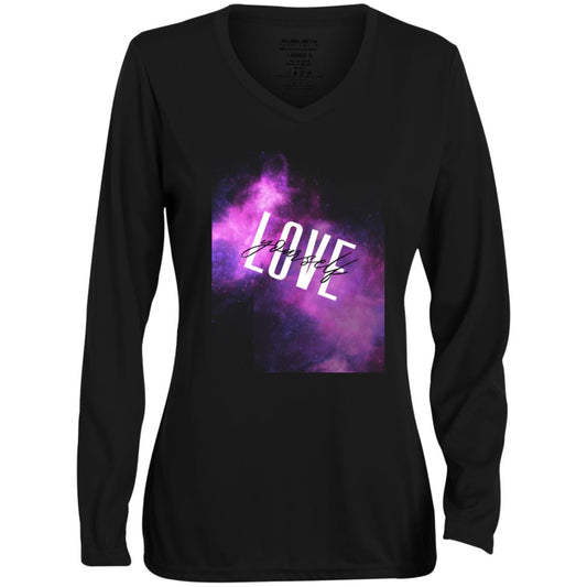 White Love yourself 1788 Ladies' Moisture-Wicking Long Sleeve V-Neck Tee