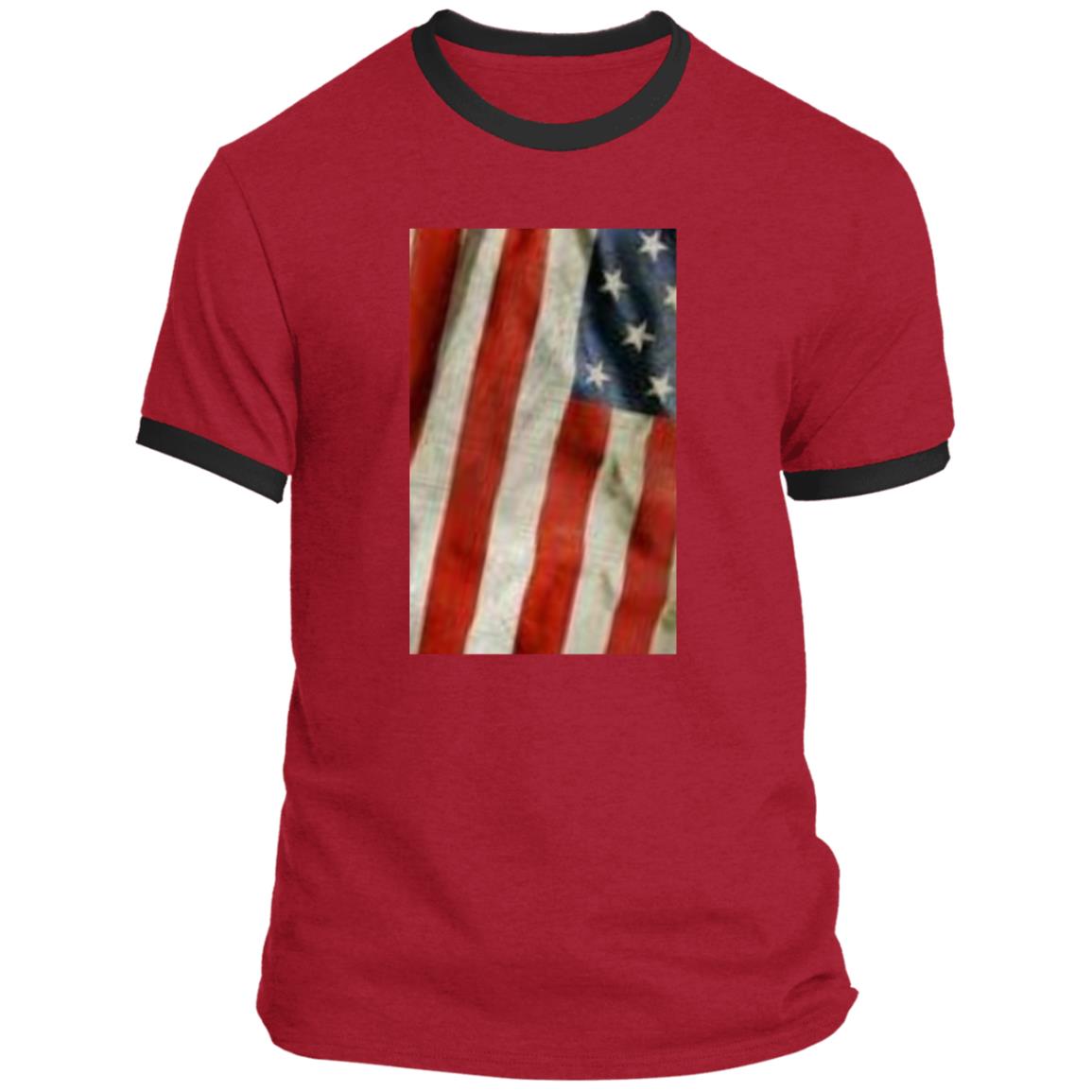 American Flag -- Distressed & Waving -- CLOSEOUT -- Ringer Tee